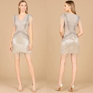 New Lara Sz 6 Silver Fringe Beaded Short Sleeve V-Neck Cocktail Party Mini Dress